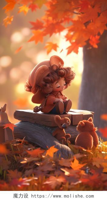 可爱皮克斯娃娃3D风格秋天秋分落叶创意插画